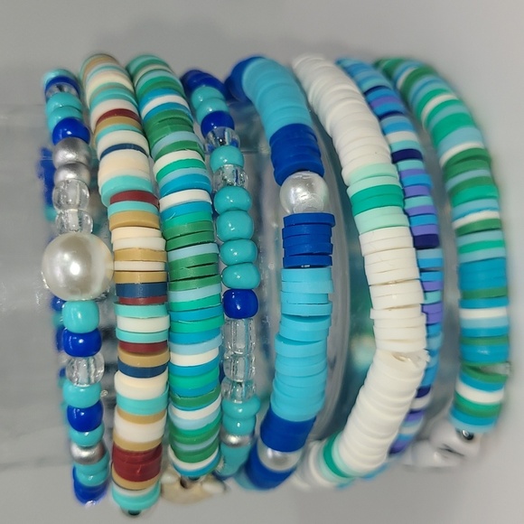 8 Blue Lagoon Beaded Bracelets Stackable Beachy Surfer Theme Charms Heishi - Picture 6 of 7